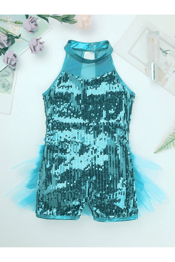 Girls Sequins Ballet Leotard Dance Costume Jazz/Latin Modern Performance Dance Dress with Light Blue 10