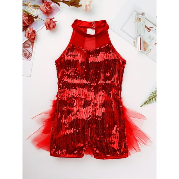 Raenseen Girls Sequins Ballet Leotard Dance Costume Jazz/Latin Modern Performance Dance Dress with Red 8