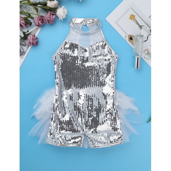 Raenseen Girls Sequins Ballet Leotard Dance Costume Jazz/Latin Modern Performance Dance Dress with White 14