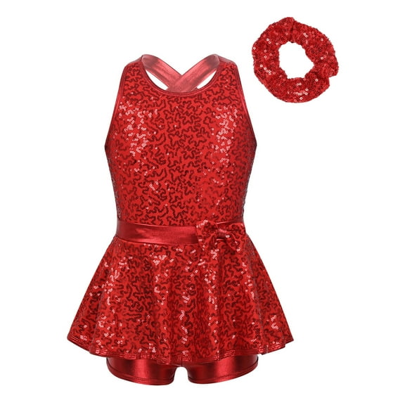 Raenseen Girls Sequins Dance Costume for Toddler Ballet Jazz Latin Dance Dress Backless Dance Leotard Red 6