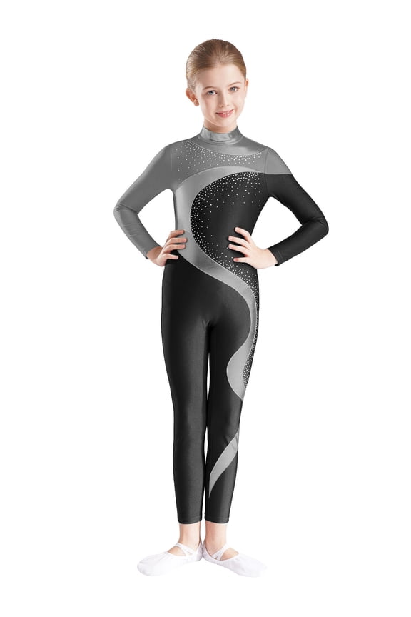Girls Shiny Long Sleeve Unitard Full Body Color Block Dance Leotrads Gymnastics Jumpsuit Dancewear Gray&Black 14