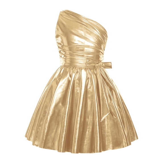 Raenseen Girls Shiny Party Dress With Belt One Shoulder A Line Summer Dress Patent Leather Look Modern Jazz Dance Outfits Gold 14