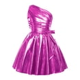 thumbnail image 1 of Raenseen Girls Shiny Party Dress With Belt One Shoulder A Line Summer Dress Patent Leather Look Modern Jazz Dance Outfits Hot Pink 8, 1 of 7