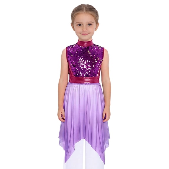 Raenseen Girls Shiny Sequin Lyrical Praise Dance Dress Worship Liturgical Swing Tunic Irregular Hem Church Robe Purple 16