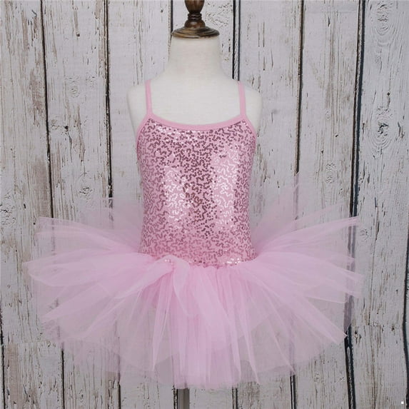 Raenseen Girls Spaghetti Straps Criss Cross Back Sparkly Sequins Ballet Dance Leotard Dress Mesh Tutu Pink L
