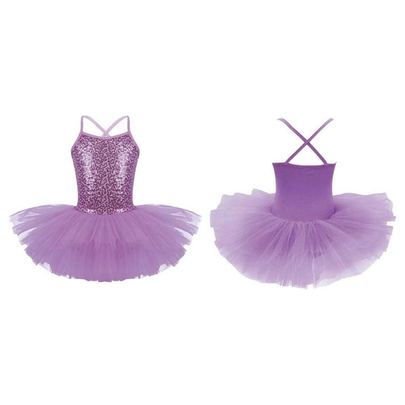 Raenseen Girls Spaghetti Straps Criss Cross Back Sparkly Sequins Ballet Dance Leotard Dress Mesh Tutu Purple 3XL