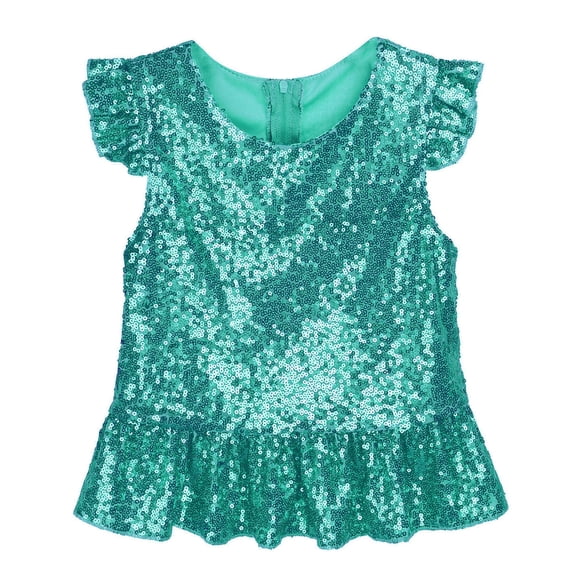 Raenseen Girls Sparkle Camisole Flutter Sleeve Peplum Tops Zipper Back Festival Outfit Performance Lake Green 12
