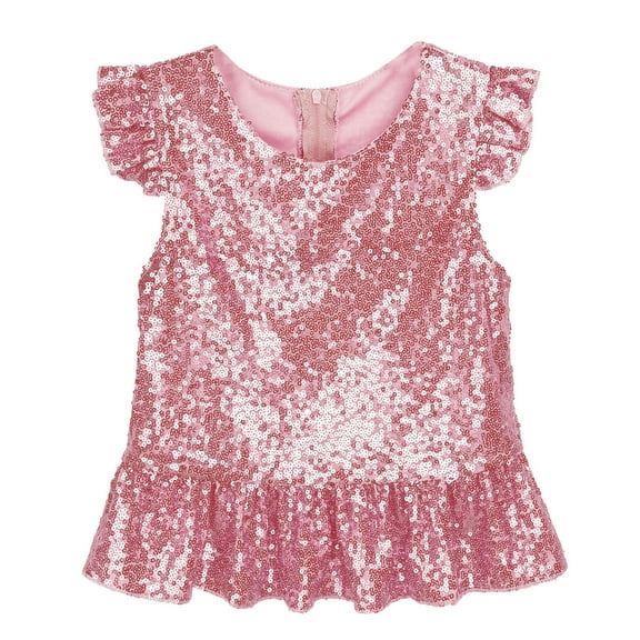 Raenseen Girls Sparkle Camisole Flutter Sleeve Peplum Tops Zipper Back Festival Outfit Performance Pink 4