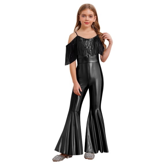 Raenseen Girls Sparkly Sequins Tassel Pageant Dance Party Jumpsuit Spaghetti Strap High Waist Flared Pants Romper Black 16