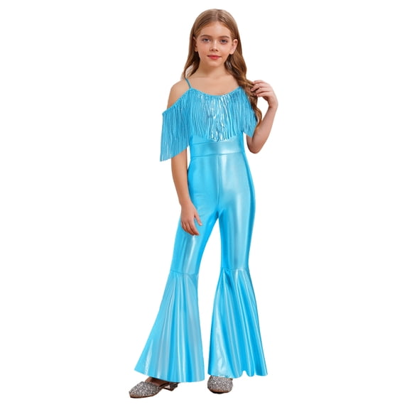 Raenseen Girls Sparkly Sequins Tassel Pageant Dance Party Jumpsuit Spaghetti Strap High Waist Flared Pants Romper Light Blue 12