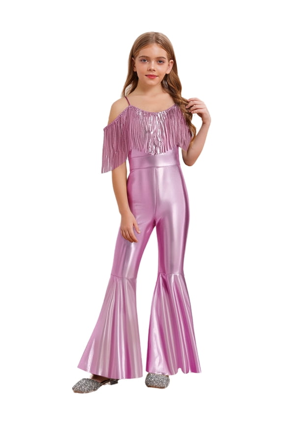 Girls Sparkly Sequins Tassel Pageant Dance Party Jumpsuit Spaghetti Strap High Waist Flared Pants Romper Pink 10