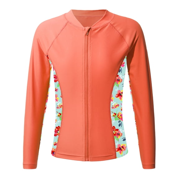 Raenseen Girls Upf 50+ Rash Guard Shirts Swim Zip Up Coat Athletic Tank Top Shirts Orange 14