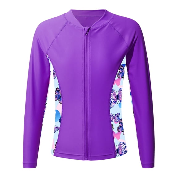 Raenseen Girls Upf 50+ Rash Guard Shirts Swim Zip Up Coat Athletic Tank Top Shirts Purple 14