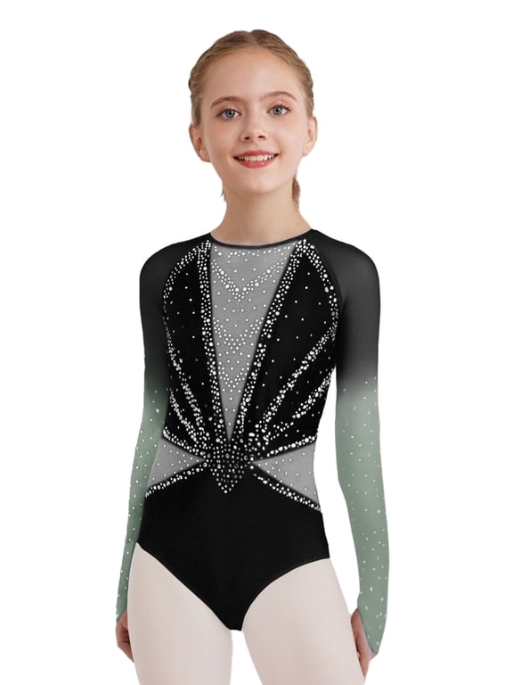 Gymnastics Leotard for Girls Long Sleeve Rhinestone Bodysuit Ballet Dance Biketard Tumbling Unitard Grey 16