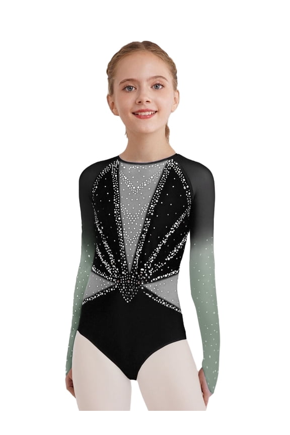 Gymnastics Leotard for Girls Long Sleeve Rhinestone Bodysuit Ballet Dance Biketard Tumbling Unitard Grey 6