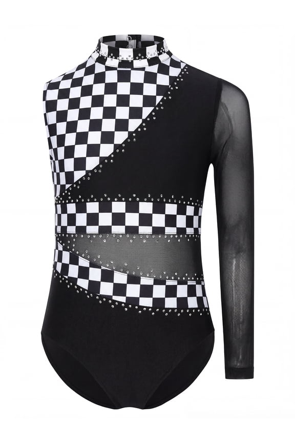 Gymnastics Leotard for Girls Rhinestones Long Sleeve Printed Ballet Dance Unitards Bodysuit White Black 6