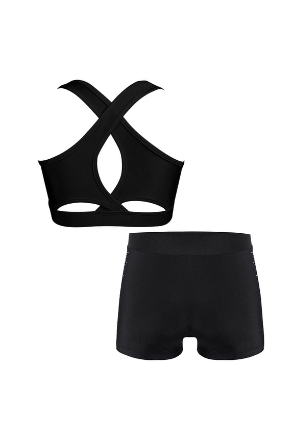 Kid Girl 2 Pieces Outfits Sports Suit Cross Back Racerback Tank Tops with Rhinestones Shorts Black 16