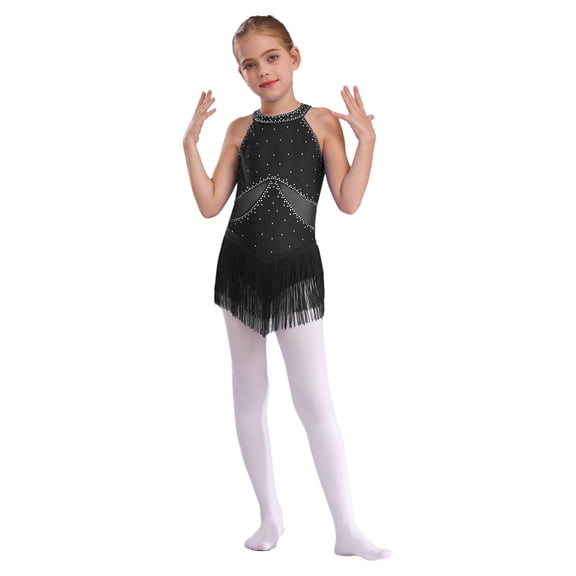 Raenseen Kid Girls Tassel Fringe Latin Dance Leotard Dresses Rhinestone Cha-cha Ballroom Dancing Competition Cocktail Dress Black 6