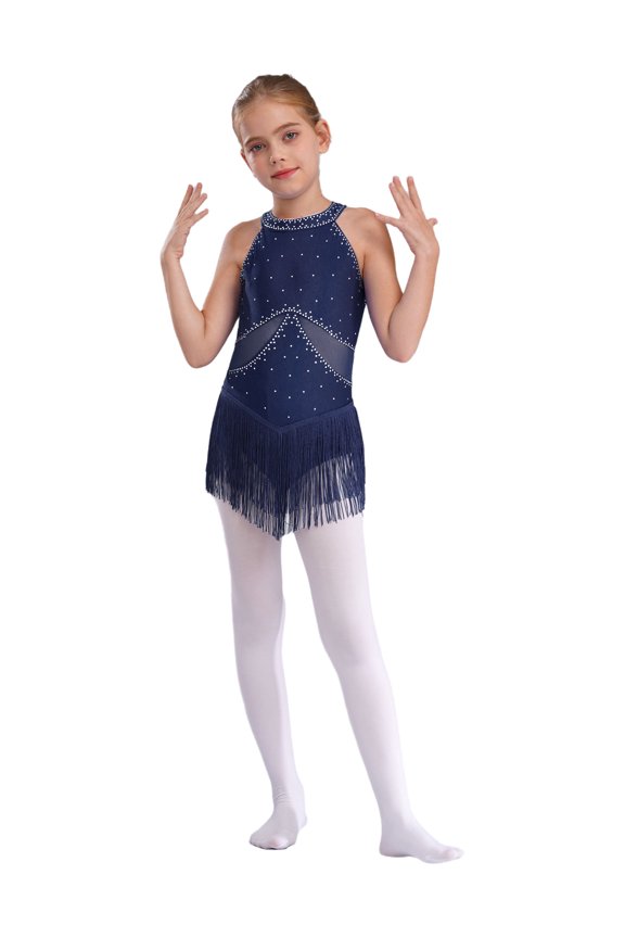 Kid Girls Tassel Fringe Latin Dance Leotard Dresses Rhinestone Cha-cha Ballroom Dancing Competition Cocktail Dress Navy Blue 6