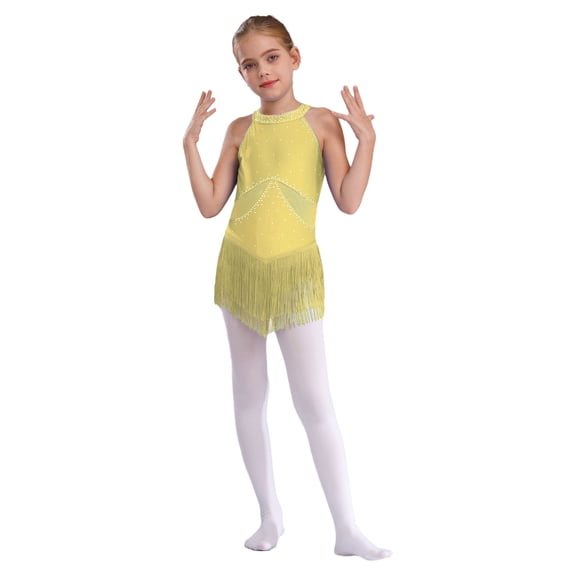 Raenseen Kid Girls Tassel Fringe Latin Dance Leotard Dresses Rhinestone Cha-cha Ballroom Dancing Competition Cocktail Dress Yellow 6