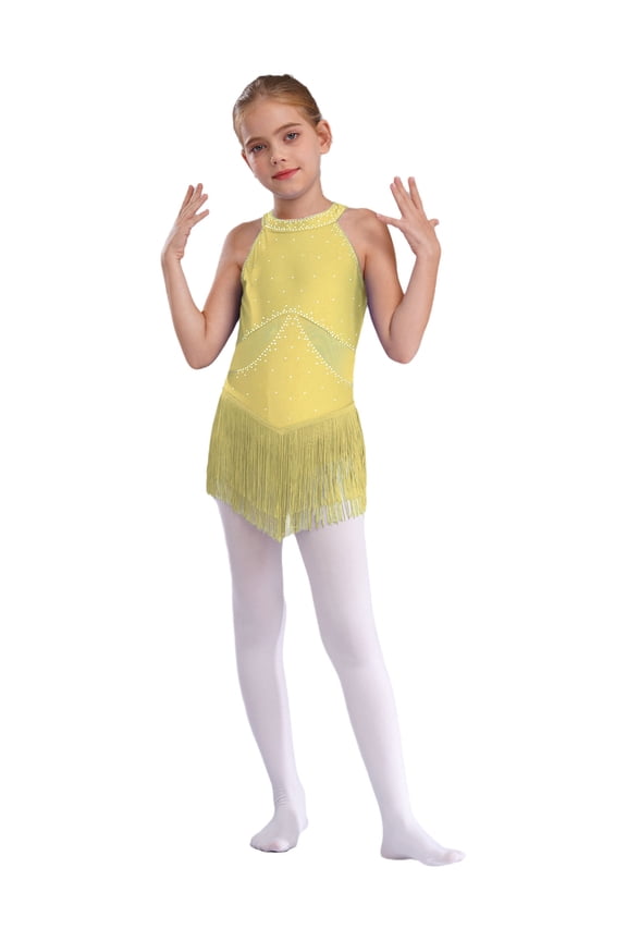 Kid Girls Tassel Fringe Latin Dance Leotard Dresses Rhinestone Cha-cha Ballroom Dancing Competition Cocktail Dress Yellow 8