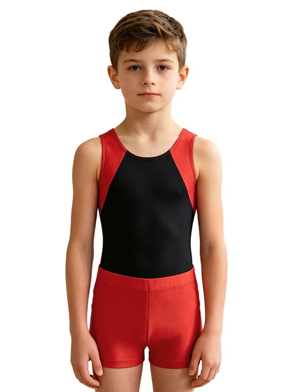 Kids Boys Ballet Dance Leotard Sleeveless Gymnastics Bodysuit with Shorts Set Red 8