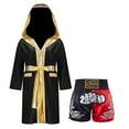 thumbnail image 1 of Raenseen Kids Boys Boxing Gown Hooded Robe Boxing Outfit Long Sleeve Metallic Satin Robe Hooded Cloak Black&Red 14, 1 of 3