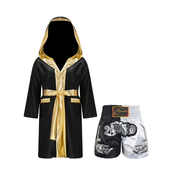 Raenseen Kids Boys Boxing Gown Hooded Robe Boxing Outfit Long Sleeve Metallic Satin Robe Hooded Cloak Black&White 6