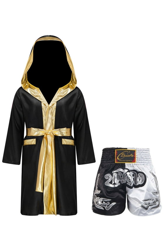 Kids Boys Boxing Gown Hooded Robe Boxing Outfit Long Sleeve Metallic Satin Robe Hooded Cloak Black&White 6