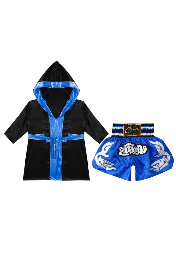 Kids Boys Boxing Gown Hooded Robe Boxing Outfit Long Sleeve Metallic Satin Robe Hooded Cloak Blue 14