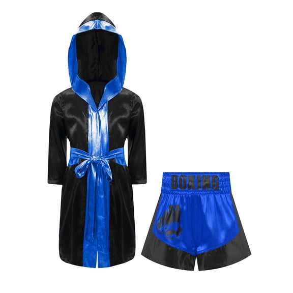 Raenseen Kids Boys Girls Boxing Uniform Set 2Pcs Boxing Robe and MMA Shorts Boxer Kickboxer Outfit Black&Blue 8