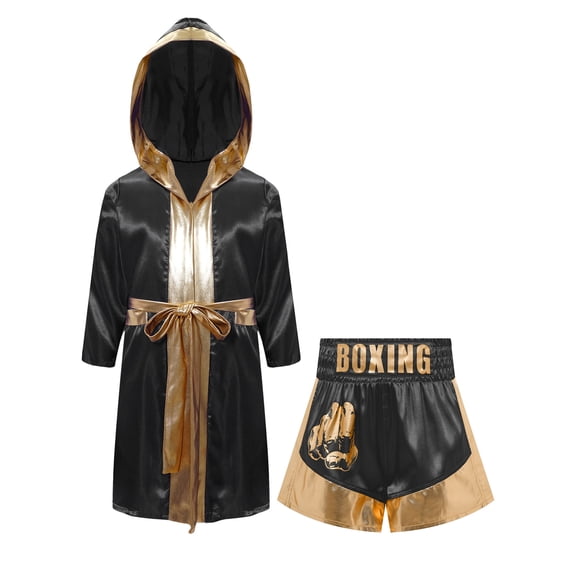 Raenseen Kids Boys Girls Boxing Uniform Set 2Pcs Boxing Robe and MMA Shorts Boxer Kickboxer Outfit Black&Gold 8