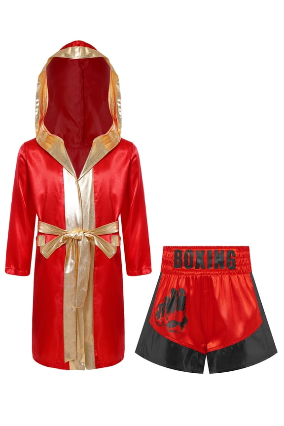Kids Boys Girls Boxing Uniform Set 2Pcs Boxing Robe and MMA Shorts Boxer Kickboxer Outfit Red&Black 6