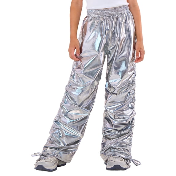 Raenseen Kids Boys Girls Shiny Metallic Pants Joggers Sweatpants Jazz Hip-hop Dance Pants Silver 12