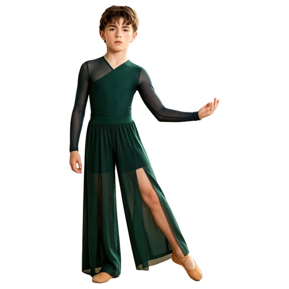 Raenseen Kids Boys Lyrical Modern Dance Outfits Long Sleeve Zip Bodysuit with Split Mesh Pants Dark Green 8