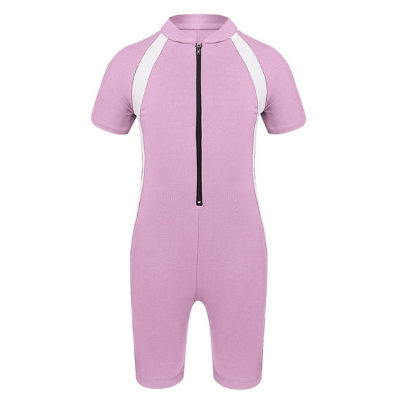 Raenseen Kids Boys' One Piece Front Zipper Short Sleeve Rash Guard Swimsuit Water Sports Bathing Pink 8