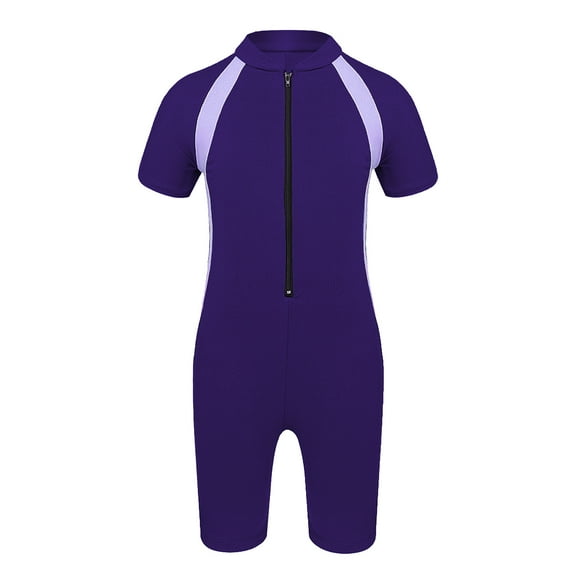 Raenseen Kids Boys' One Piece Front Zipper Short Sleeve Rash Guard Swimsuit Water Sports Bathing Purple 8