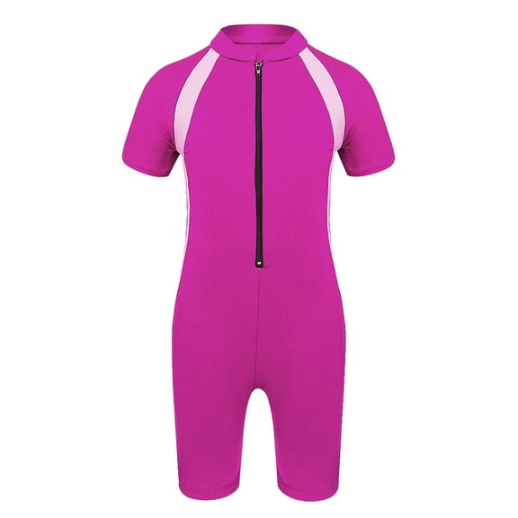 Raenseen Kids Boys' One Piece Front Zipper Short Sleeve Rash Guard Swimsuit Water Sports Bathing Rose Red 16