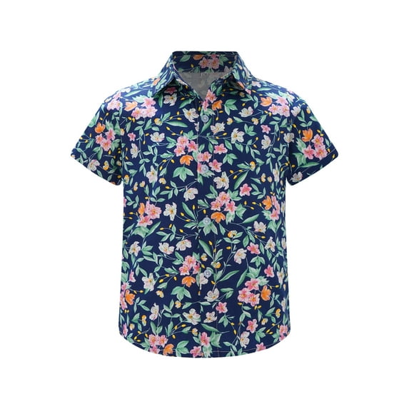 Raenseen Kids Boys Summer Hawaiian Shirts Floral Print Short Sleeve Button Shirts Tropical Luau Shirts Blouse Tops Type D 8-9