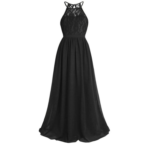 Raenseen Kids Flower Girl Halter Lace Chiffon Dress Juniors Bridesmaid Wedding Formal Dress Party Black 12