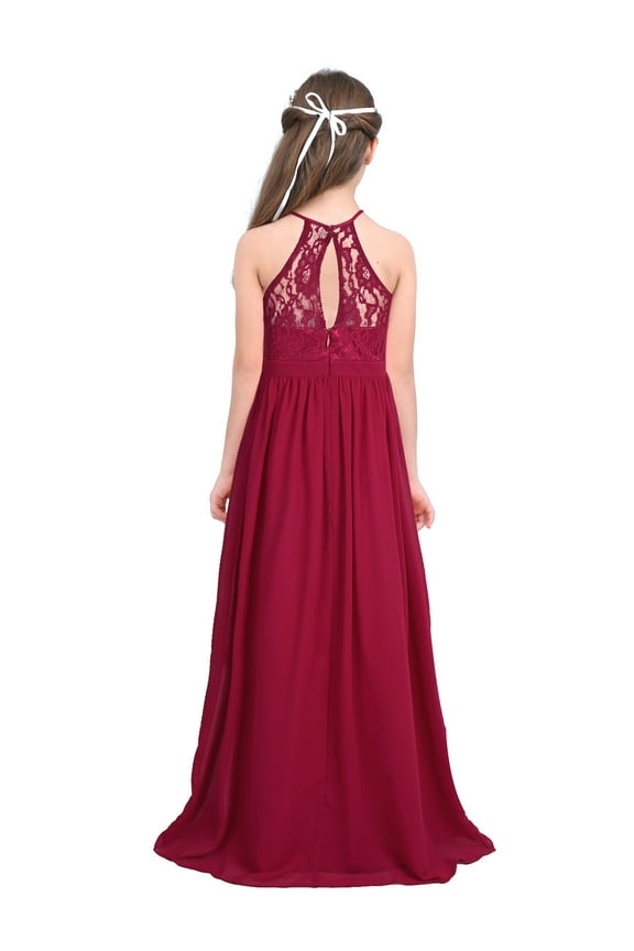 Kids Flower Girl Halter Lace Chiffon Dress Juniors Bridesmaid Wedding Formal Dress Party Burgundy 12