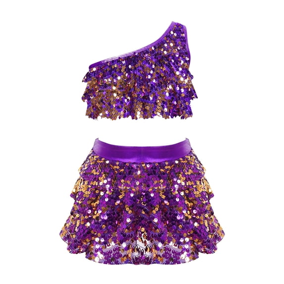 Raenseen Kids Girls 2 Piece Jazz Latin Modern Ballroom Dance Outfits Set Sequins One Shoulder Crop Top with Skirt Set A Purple 12