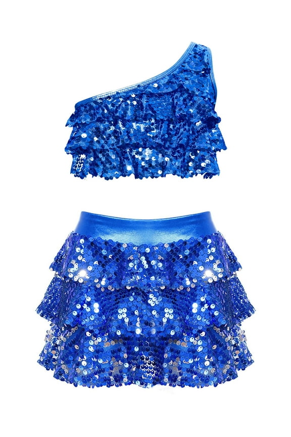 Kids Girls 2 Piece Jazz Latin Modern Ballroom Dance Outfits Set Sequins One Shoulder Crop Top with Skirt Set Royal Blue 4