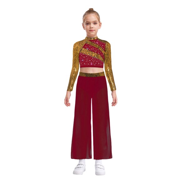 Raenseen Kids Girls 2 Piece Lyrical Jazz Dance Outfit Sequin Crop Top and Wide Leg Chiffon Pants Hip Hop Dance Set Burgundy 14