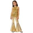 thumbnail image 1 of Raenseen Kids Girls 2Pcs Jazz Dance Outfit Sequin Crop Top Shorty Unitard Metallic Tiered Pants Gold 10, 1 of 7