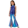 thumbnail image 1 of Raenseen Kids Girls 2Pcs Jazz Dance Outfit Sequin Crop Top Shorty Unitard Metallic Tiered Pants Royal Blue 12, 1 of 7