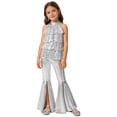 thumbnail image 1 of Raenseen Kids Girls 2Pcs Jazz Dance Outfit Sequin Crop Top Shorty Unitard Metallic Tiered Pants Silver 14, 1 of 7