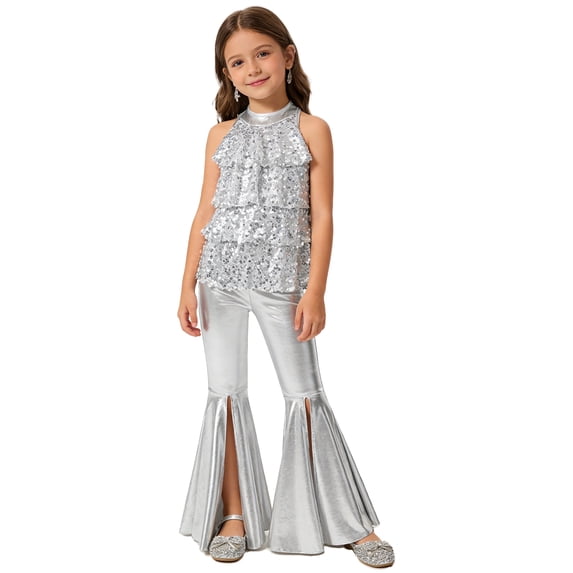 Raenseen Kids Girls 2Pcs Jazz Dance Outfit Sequin Crop Top Shorty Unitard Metallic Tiered Pants Silver 14