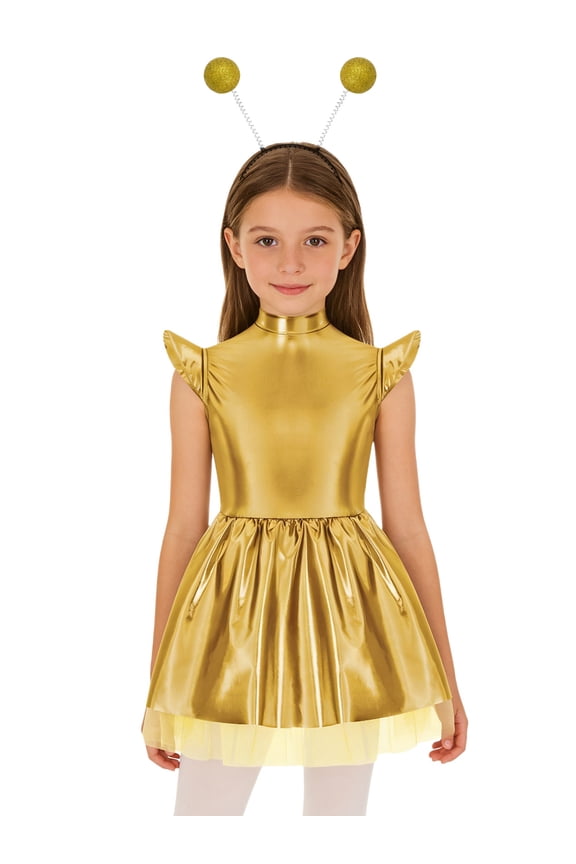 Kids Girls 2pcs Alien Dress Up Outerspace Robot Outfit Flying Sleeve Twirl Swing Dresses Gold 16