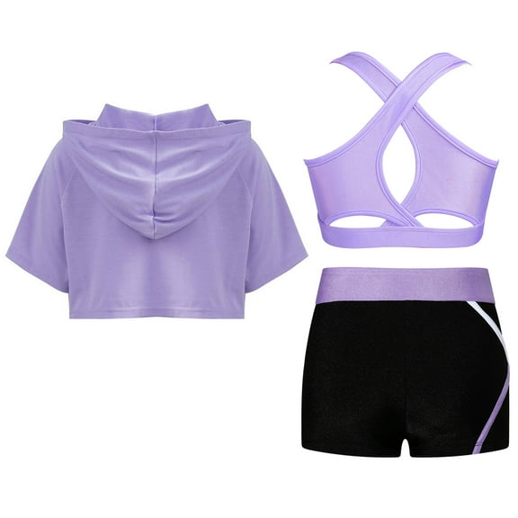 Raenseen Kids Girls 3 Pcs Sport Tracksuit Cross Back Tank Top with Shorts and Hooded Crop Top Set for A Lavender 8